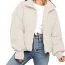 Womens Winter Cropped Puffer Jacket Coat Casual Quilted Baggy Long Sleeve Zip Down Jackets Outerwear (Beige, S)