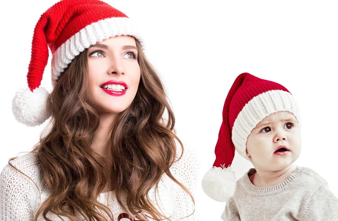 AIYUENCICI Santa Hat for Adults, Christmas Hat, New Year Crochet Hats with Pom Pom Party Beanie Caps Gift (Adults Santa Hat)
