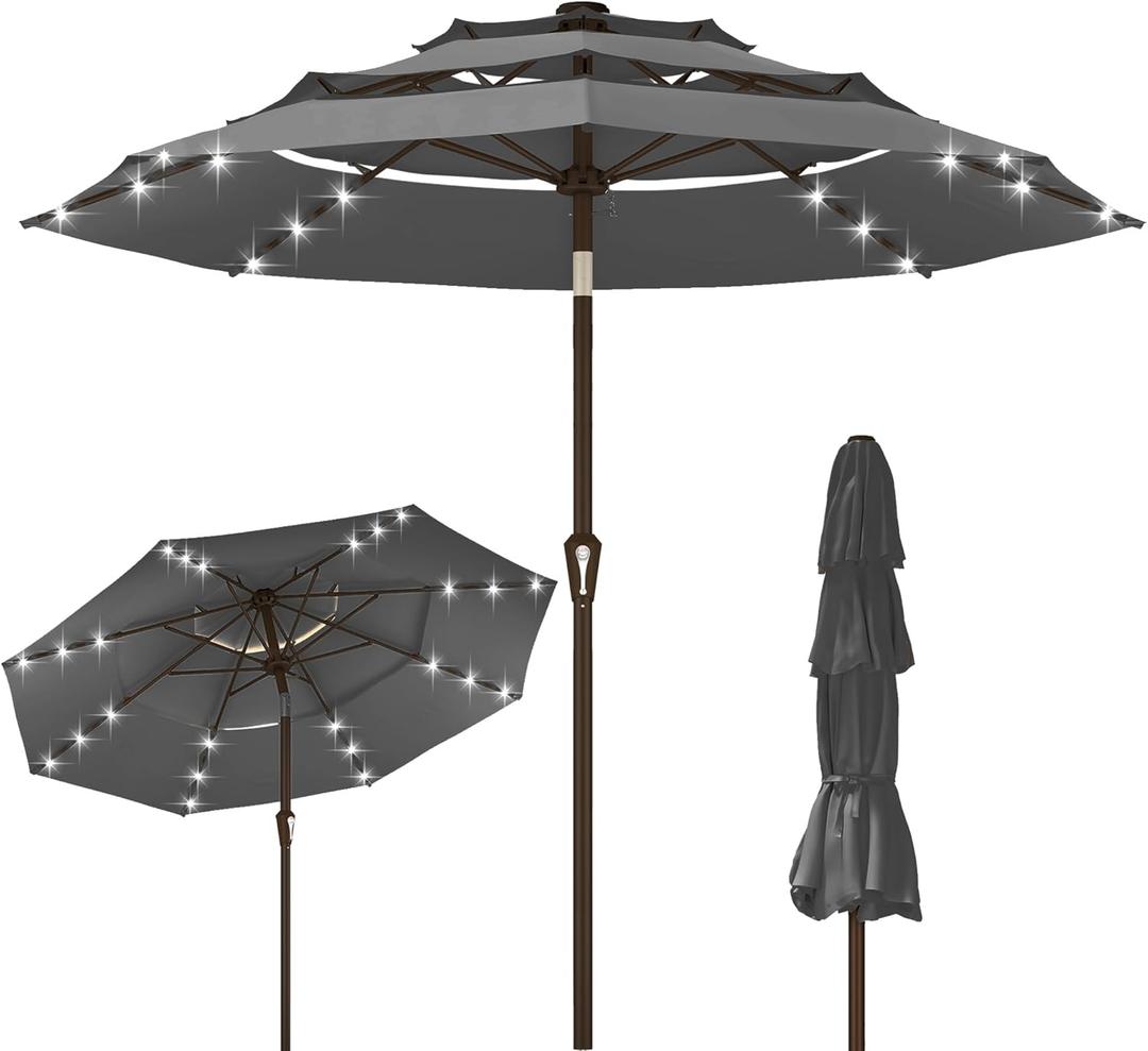 Kingdura 9ft 3-Tier Patio Umbrella with Solar Lights, Table Umbrella Outdoor Patio with Easy Crank & Tilt, 8 Sturdy Ribs, UV Protection, 32 LED Lights for Deck, Poolside, Market (Grey)