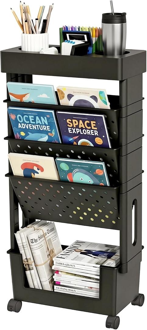 5-Tier Mobile Bookshelf, Rolling Bookcase Book Storage Rack, Movable File Folder Organizer Cart with Wheels for Home Study Office Living Room Classroom, Black