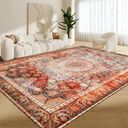 Oriental Area Rug 9x12, Vintage Rug Non Slip Low Pile Soft Large Rugs for Bedroom Dining Room Rug Living Room Carpet Red Orange Rug for Nursery Playroom Family Room Foyer Den Office Home Decor