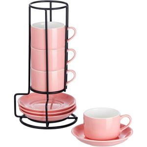 2.5oz Espresso Cups Set of 4, Porcelain Stackable Espresso Cups with Saucers and Metal Stand Set, Pink Expresso Shots Cup Set