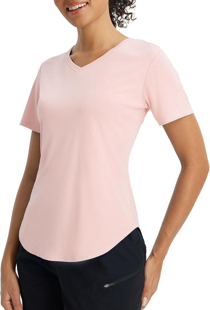 baleaf Womens Sun Shirt Short Sleeve Lightweight Quick Dry UPF 50+ V Neck Loose Fit Workout Top Running Hiking Travel (Pink, S)