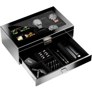 ProCase Wooden Men's Jewelry Box, 2-Tier Watch Holder and Sunglasses Box Organizer for Men, Display Cases with Clear Glass Top and Storage Drawer, Father's Day Gift -Black