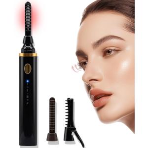 Heated Eyelash Curler, 10s Fast Heating 3 Temp Settings, Eye Lash Curler Heat with with 3 Kind of Detachable Brush Head Covers, No Lashes Damage, Natural Curling 24H for Women - Black