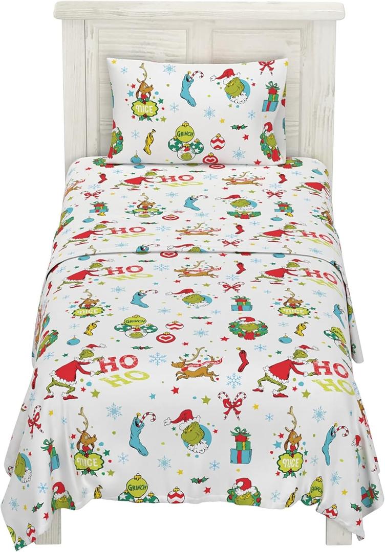 Franco Grinch by Dr. Seuss Holiday & Christmas Bedding Super Soft 100% Cotton Flannel Sheet Set, 3 pcs, Twin, (Official Dr. Seuss Product)