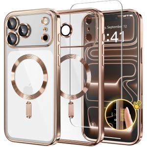 GolbinBox Magnetic Case for iPhone 17 Pro with Screen Protector, [Compatible with MagSafe][Camera Protection][16FT Military Protection] Slim Shockproof Plating Phone Case for 17 Pro,Rose Gold/Clear