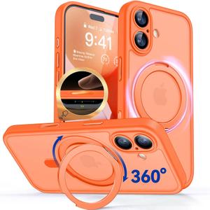 CANSHN 360 Spin Magnetic Stand for iPhone 17 Case with Camera Control [Full Camera Protection] [Compatible with Magsafe] Translucent Matte Shockproof Protective Phone Cover 6.3" - Orange