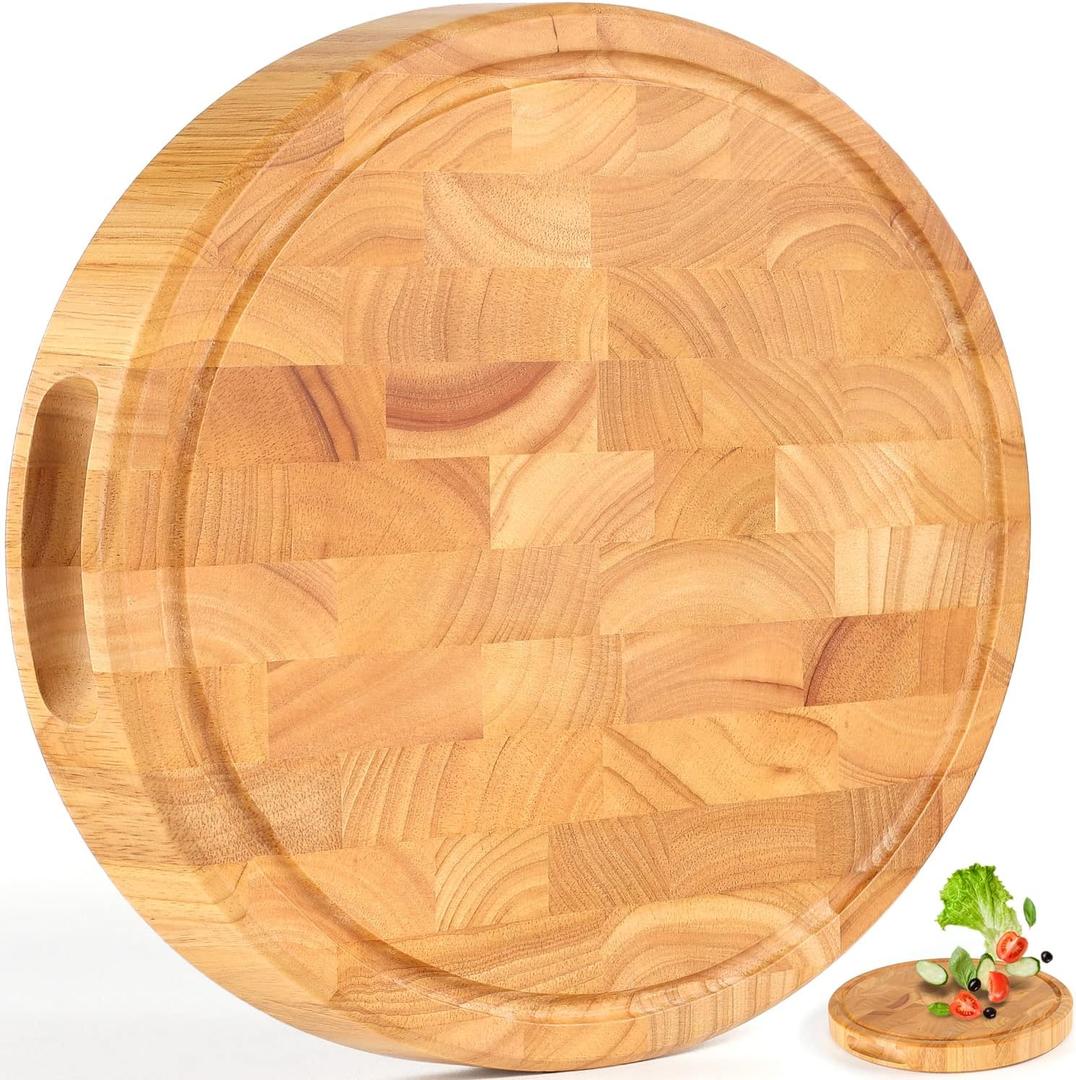 Extra Large & Thick Wood Cutting Board 13 x 13 x1.5 Inch, End Grain Built-In Compartment and Juice Canal, Heavy Duty Chopping Board, Thick Carving Board for Bread Fruits (Round: 13 x 13 x 1.5 inch)