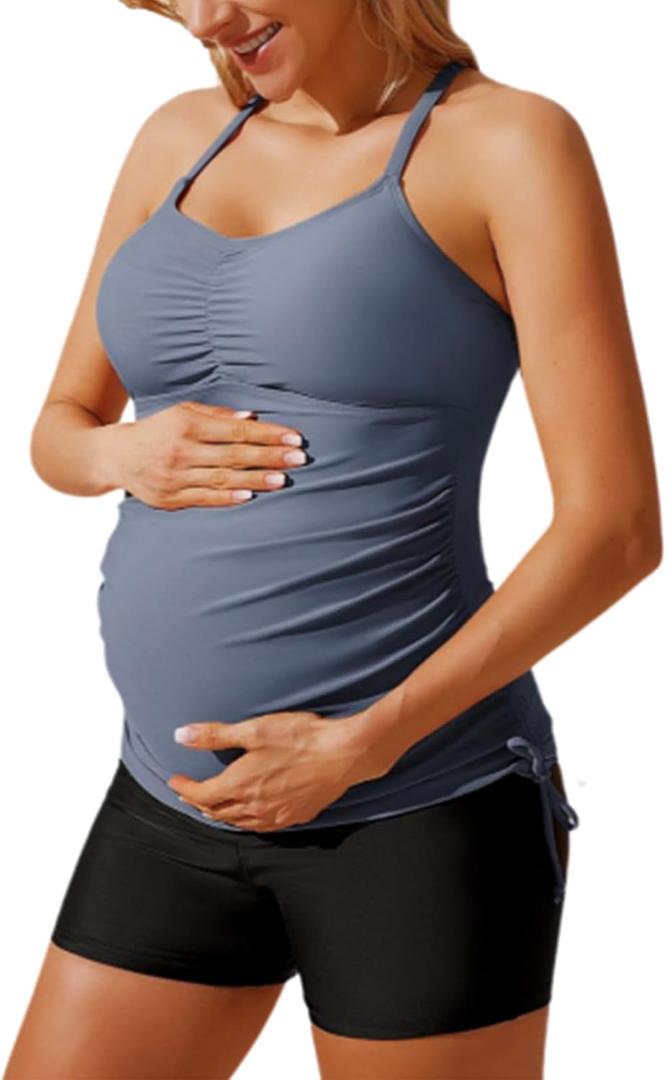 Maacie Maternity Athletic Tankini Swimsuits Two Piece Floral Print Ruched Tops with Shorts (Medium, Blue Grey) Maacie Maternity Athletic Tankini Swimsuits Two Piece Floral Print Ruched Tops with Shorts (Medium, Blue Grey)