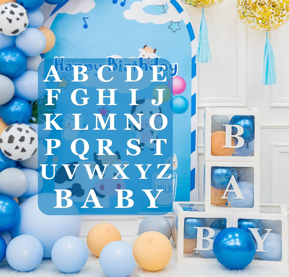 Baby Shower Decoration Set of 4 Transparent White Balloon Boxes with 26 Letters + Letters "B", "A", "B", "Y" Name Combination for Boys Girls
