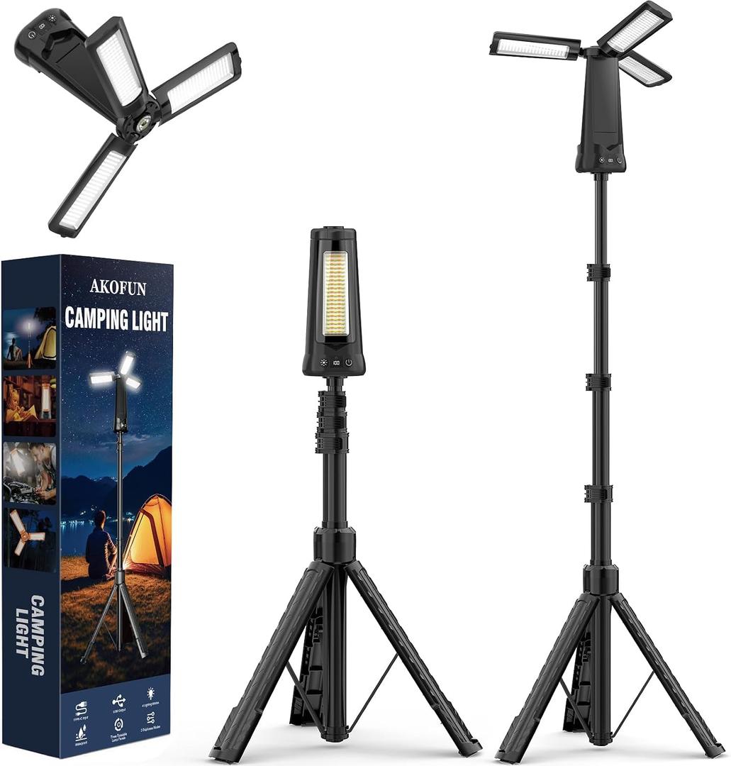 AKOFUN 15000 mAh Rechargeable Camping Light with Stand, Cordless Work Light with 3 LED Lamp Heads, 5500 Lumens Dimmable Camping Essentials Gear Emergency Flashlight with 86" Detachable Tripod, Black