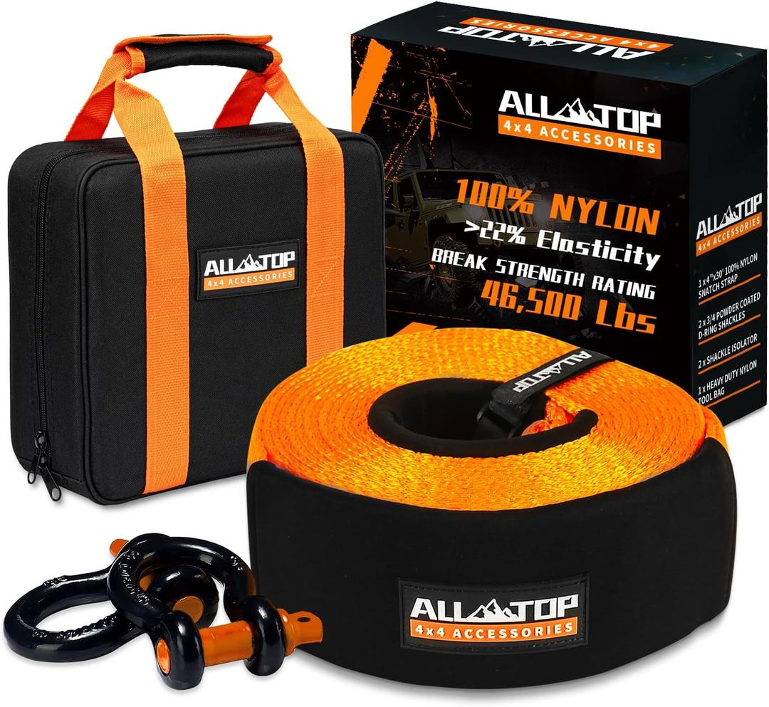ALL-TOP Extreme Duty Tow Strap Recovery Kit: 4inch x 30ft (46,500lbs) 100% Nylon and 22% Elongation Snatch Strap + 3/4 Heavy Duty D Ring Shackles (2pcs) + Storage Bag