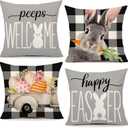 Easter Pillow Covers 18x18 Set of 4, Buffalo Plaid Bunny Eggs Truck Decorative Throw Pillow Cases, Happy Easter Peeps Welcome Farmhouse Pillow Covers for Home Couch Porch Spring Holiday Decor