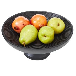 VHC Brands Ribbed Black Wooden Fruit Bowl 5.5x12x12, Kitchen Decor, Decorative Wooden Pedestal Bowl, Perfect Centerpiece for Table, Island, or Counter