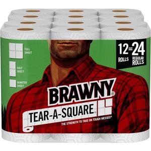 Brawny Tear-A-Square Paper Towels, 12 Double Rolls = 24 Regular Rolls, 3 Sheet Size Options, Quarter Size Sheets (White) Brawny Tear-A-Square Paper Towels, 12 Double Rolls = 24 Regular Rolls, 3 Sheet Size Options, Quarter Size Sheets (White)
