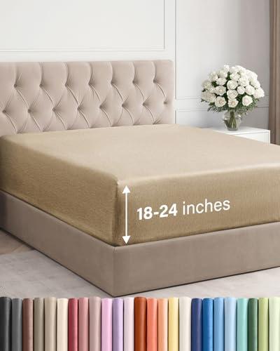 Extra Deep Queen Fitted Sheet - Hotel Luxury Single Fitted Sheet Only - Easily Fits 18 inch to 24 inch Mattress - Ultra Soft, Wrinkle Free with Extra Deep Pockets - Breathable & Comfy - Heathered Tan