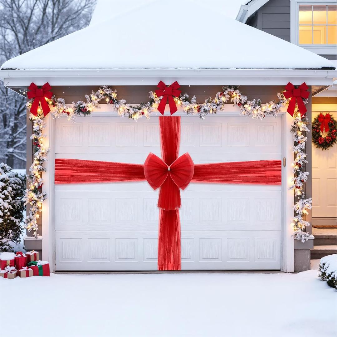 Suncalla Christmas Garage Door Bow Decoration Giant mesh Bow Garage Door Wrapping DIY Outdoor Xmas Decorations