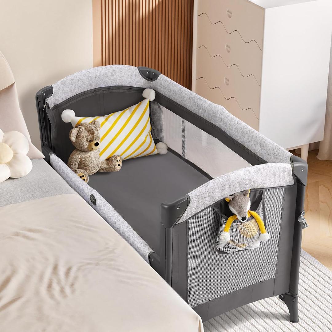 ELEMARA Wide Baby Bassinet Bedside with Diaper Changer,Long Next to Bed Crib with Mattress,Sheet,Music, Playpen Travel Bed with Storage (3 in 1 Baby Bassinet, 3 in 1 Full)