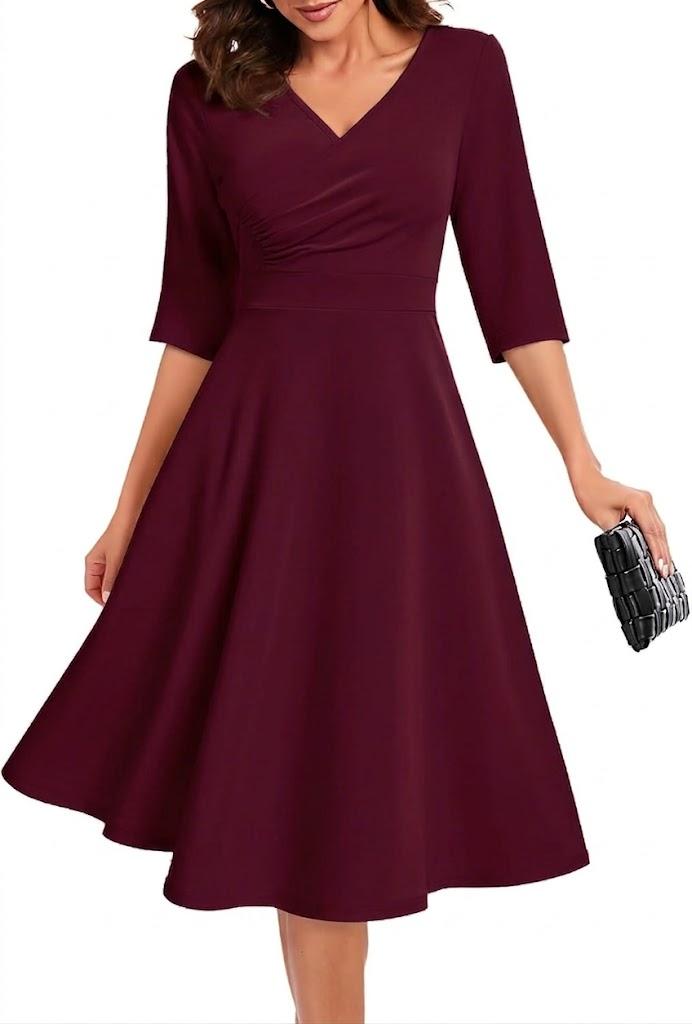 Bbonlinedress Midi Cocktail Dress Formal Wedding Guest 3/4 Sleeve Church V-Neck Work A-Line Swing Tea Party Dress (Medium)