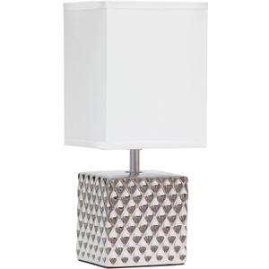 Simple Designs LT1131-CHR 11.81" Tall Contemporary Petite Hammered Metallic Chrome Square Bedside Table Desk Lamp w Rectangular White Fabric Shade for Decor, Bedroom, Living Room, Entryway, Office