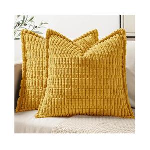 MIULEE Mustard Yellow Corduroy Decorative Throw Pillow Covers Pack of 2 Soft Striped Pillows Pillowcases with Broad Edge Spring Winter Modern Boho Home Decor for Couch Sofa Bed 18x18 Inch