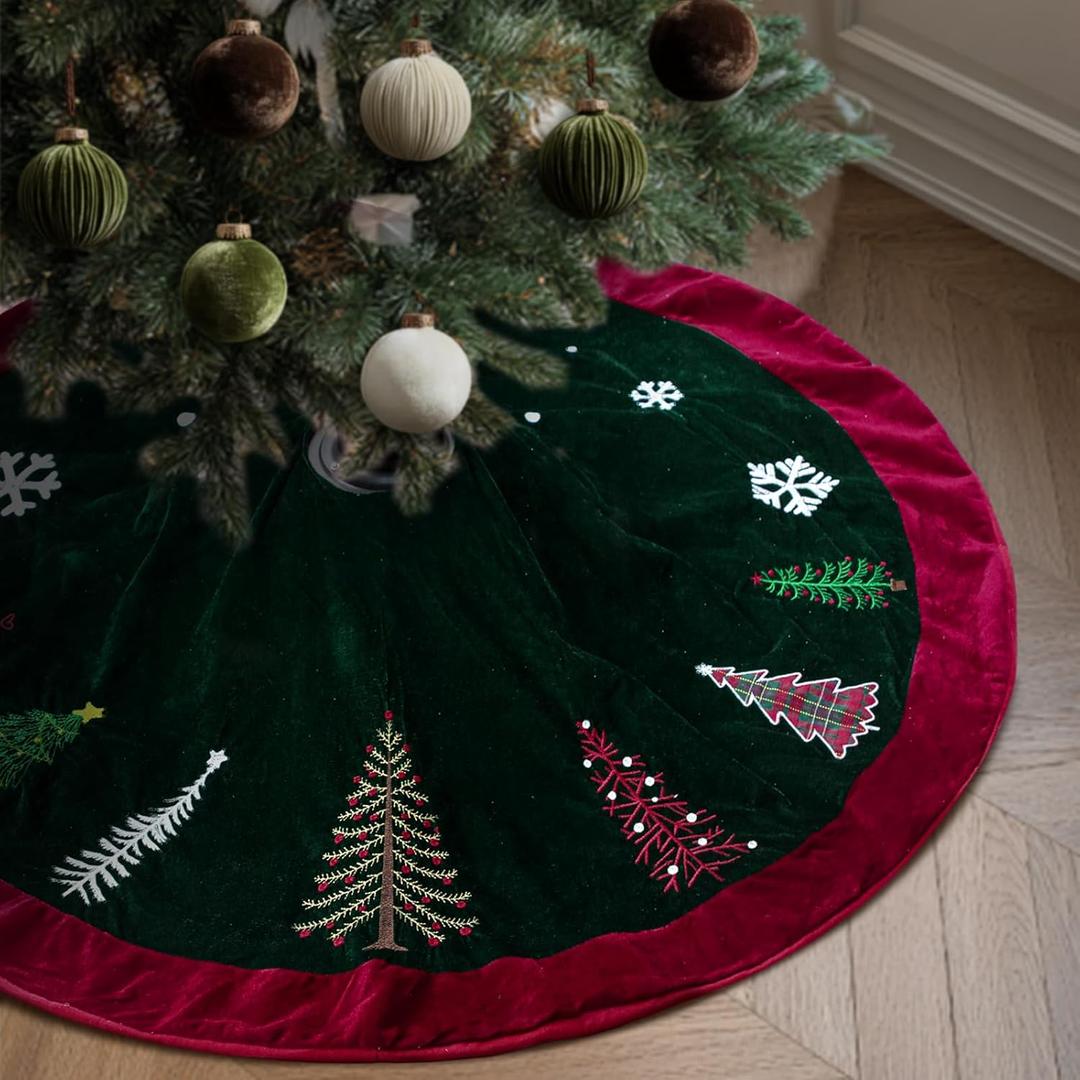 Soulchen 48 Inch Velvet Christmas Tree Skirt Dark Red and Green Large Plush Fur Skirt with Xmas Pine Tree Snowflake Embroidered for Vintage Farmhouse Rustic Holiday Party Decorations