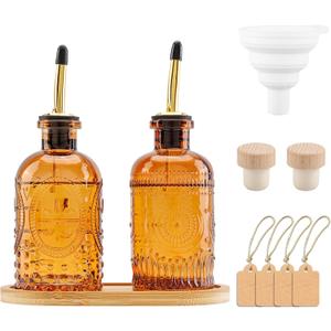 Olive Oil Dispenser Bottle for Kitchen, Elegant 8.5oz Oil Dispenser with Stainless Steel Pourers, Coffee Syrup Dispenser Bottles with Funnel, Glass Oil Dispenser for Kitchen-2pcs (Brown)