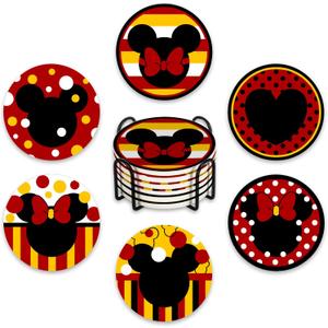 Cute Drink Coasters with Holder Set of 6, Red Yellow Absorbent Ceramic Cup Mat for Coffee Table Protection, 4 Inch Polka Dot Stripes Home Kitchen Decor Housewarming Gifts