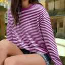 Gardenwed Long Sleeve Shirts for Women Striped Crewneck Loose Fit Basic Tops 2025 Fall T-Shirt (Pink, XL)