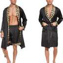 N&D Eyong Men's Luxurious Silk Feeling Bathrobes Long Sleeve Satin Kimono Robe with Shorts Sleepwear Set Printed Bathrobes, 6XL