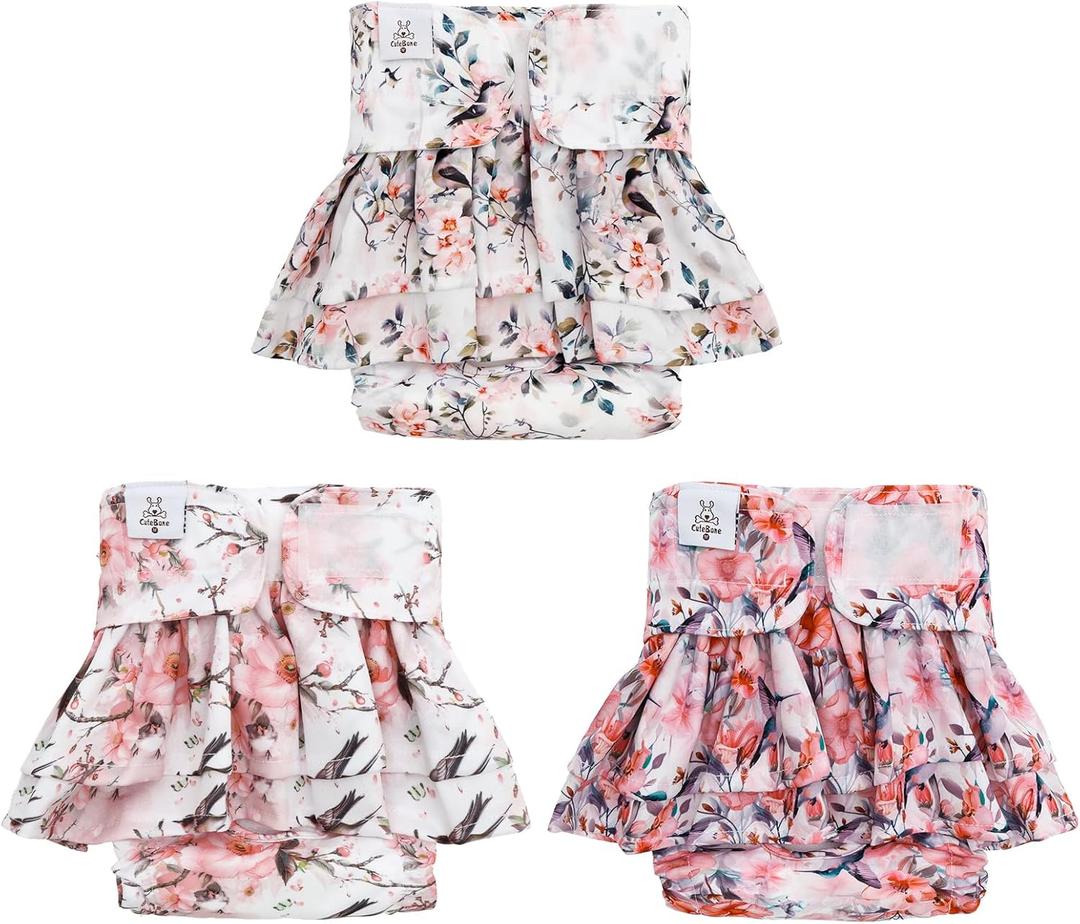 CuteBone Female Dog Diapers with Skirts Pack of 3 Reusable Puppy Dresses Pants for Heat Cycle Period QBD18S