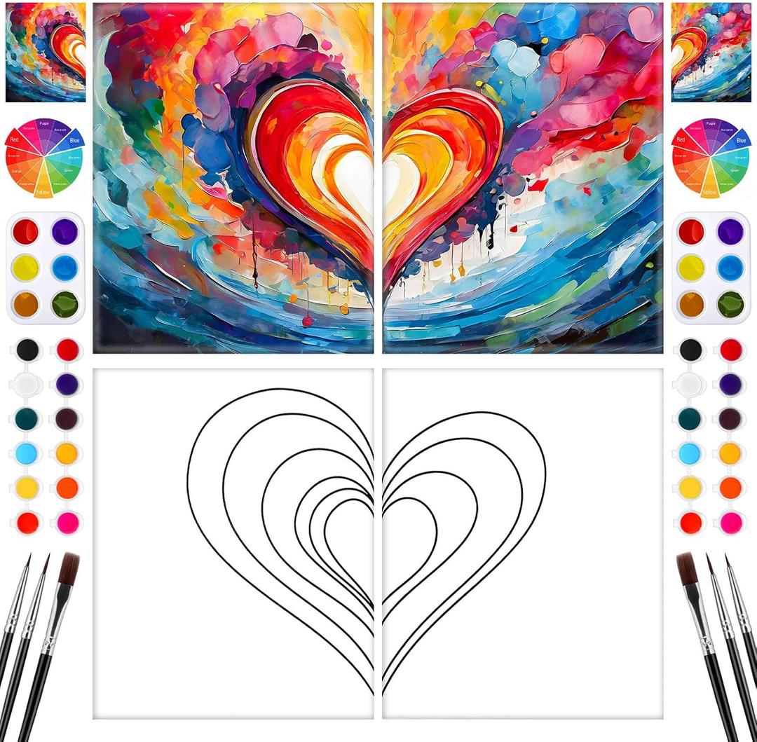 Feifeiya 2 Pack Couples Pre Drawn Canvas Paint Kit for Adults Valentines Sip and Paint Art Gifts Valentine's Day Theme Stretched Canvas for Couples Game Date Night Anniversary, 8'' x 10'' (Heart)