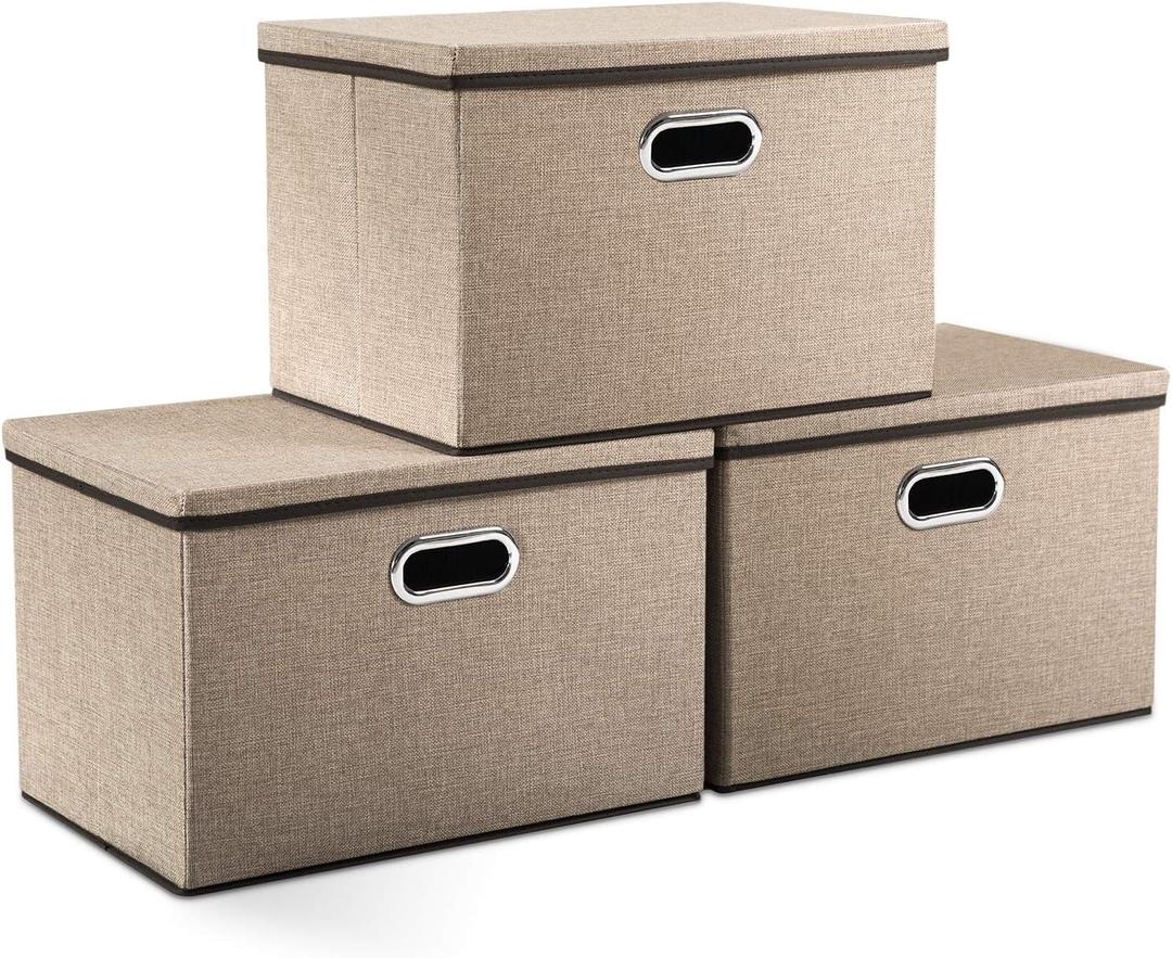 PRANDOM Large Collapsible Storage Bins with Lids [3-Pack] Jute Fabric Foldable Storage Boxes Organizer Containers Baskets Cube with Cover for Home Bedroom Closet Office Nursery (17.7x11.8x11.8) (Khaki)