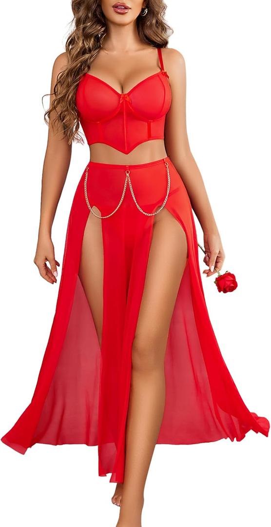Avidlove Women Lingerie Babydoll Chemise 3 Piece Set Mesh Side Split Nightgown (XX-Large, Red)