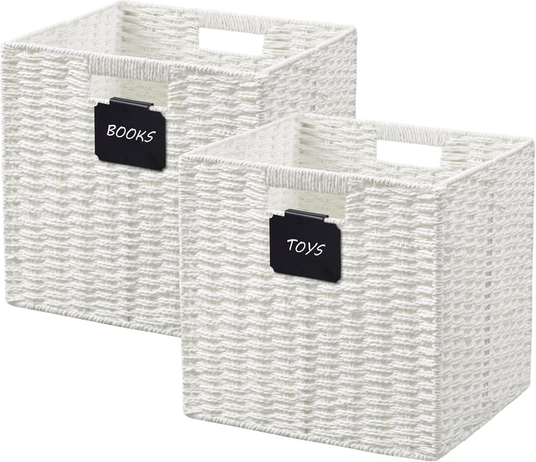 UBBCARE 2 Pack Wicker Basket, 10.5×10.5 Storage Cubes with Label, Foldable Cube Storage Bin with Handle, Square Storage Basket for Shelves, Woven Paper Rope Basket for Organizing, White