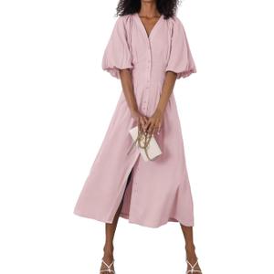 chouyatou Women Summer Puff Sleeve Button Down Shirt Dress Flowy Elegant Business Casual Midi Long Dress (Pink, L)
