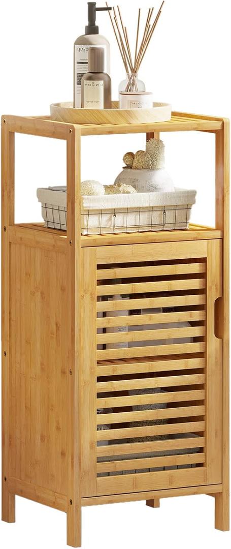 VIAGDO Bamboo Cabinet, Bathroom Storage Cabinet with Single Door and Shelf, Freestanding Bathroom Cabinet, Kitchen Cupboard, Sofa Side Table for Living Room/Hallway/Kitchen, Small