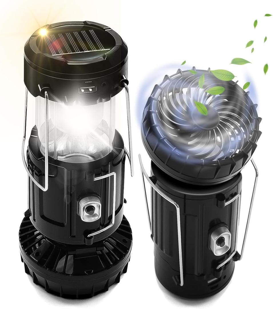 2-Pack Solar Camping Fan w/ Lantern, DIBMS Collapsible Solar Powered USB Rechargeable & Battery Powered Emergency Hanging Lights for Camping Tent Hurricanes Power Outages Storm Indoor Outdoor