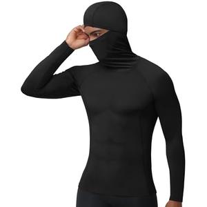 RIKUAOU Men's Compression Shirt Hoodie with Mask, Long Sleeve Athletic Base Layer Top, Cool Dry Workout Sports Undershirt L