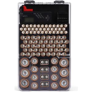Ultimate Battery Organizer, 104-Slot Storage Case with LCD Tester - Holds AA, AAA, C, D, 9V & Button Batteries, Wall Mountable, Clear Cover Hard Plastic Holder