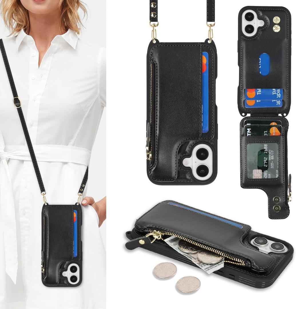 Cavor for iPhone 17 Wallet Case with Card Holder for Women,for iPhone 17 Case with Strap,Crossbody Lanyard and Wristlet Zipper Pocket Phone Case-Black