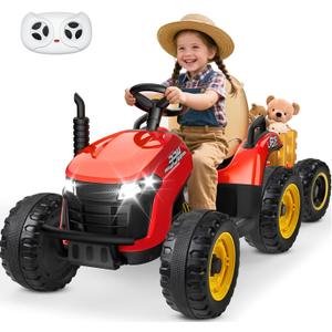 ANPABO 24V Ride On Tractor w/Tiltable & Detachable Trailer, EVA Tires, Up to 4.3Mph, Ride On Toys with Parental Remote, Realistic Tractor Sound & Chimney, Music Player, LED Light, Red