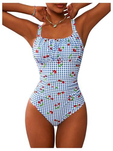 BEAUDRM Women's Boho Floral Print One Piece Swimsuit Y2K Bathing Suits Swimwear Beachwear Blue Cherry S