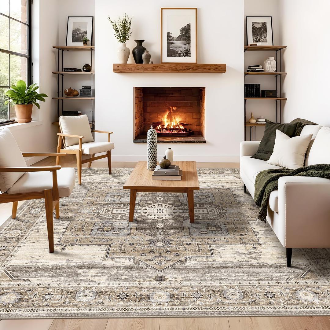 RUUGME 8x8 Square Area Rug for Living Room Washable Beige