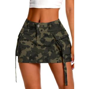 ELLEVEN High Stretch Denim Cargo Skirt for Women, Low Waist Y2k Mini Jean Skirt Cute Skirt with Pockets (X-Small, Camo)