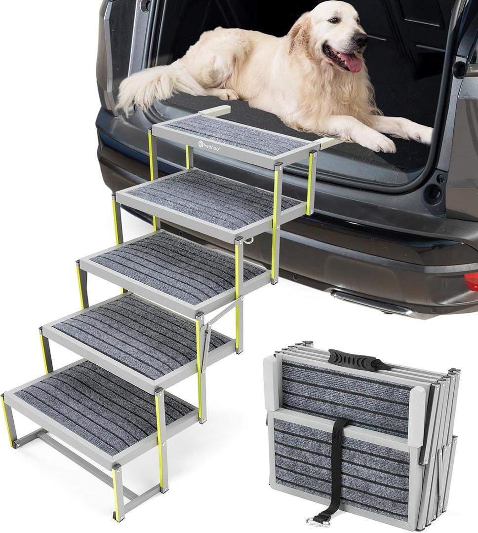 Veehoo Dog Stairs for Car, Aluminum Folding Dog Steps for Cars Truck and SUV, Portable Dog Car Ramp for Large Dogs with Non-Slip Surface, Supports Up to 200 Lb, 5 Steps (Grey- 5 Steps)