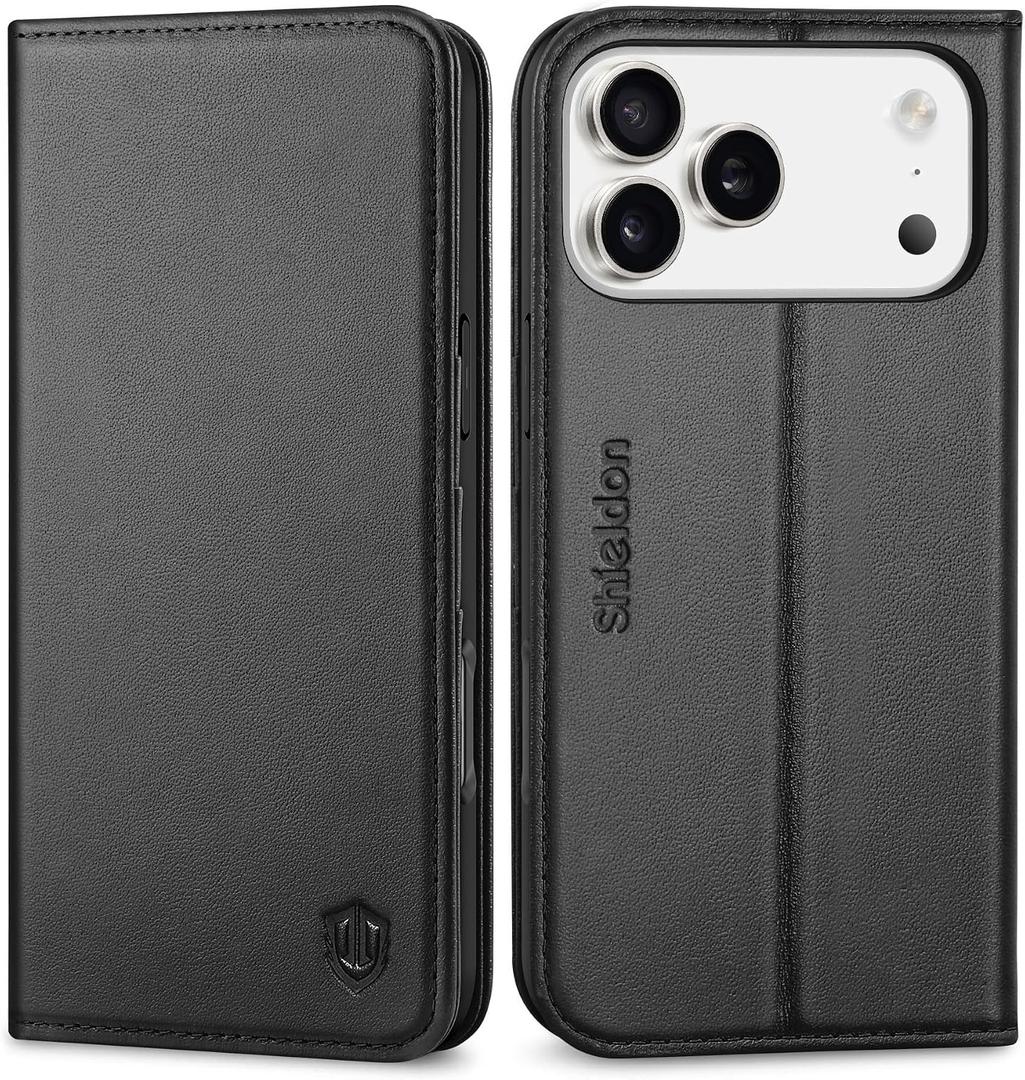 SHIELDON Genuine Leather Case Wallet for iPhone 17 Pro Max 6.9-inch 2025 | Foldable Kickstand, RFID Blocking 3 Credit Card Holder, Magnetic, Shock-Absorbent Phone Cover - Black