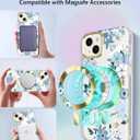Magnetic Designed Clear Case for iPhone 14 iPhone 13, Compatible with MagSafe, Gold Plated Glitter Slim Shockproof Protective Women Girl Phone Case, Flower Mint Blue