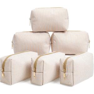 Sanwuta 6 Pcs Seersucker Cosmetic Bags Bulk Seersucker Makeup Bags Stripe Women Pouch Large Preppy Storage Pouch Toiletry Travel Organizer for Wedding Bridesmaid Bride Favor Mom Gift (Khaki)